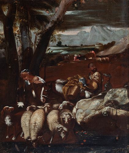 Circle of ANDREA DI LIONE (Naples, 1610 - 1685). 
"Pastoral scene". 
Oil on canvas. Relined Period frame.