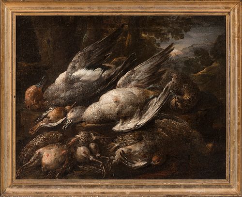 Italian school; 17th century. 
"Still life of birds". 
Oil on canvas. Relined