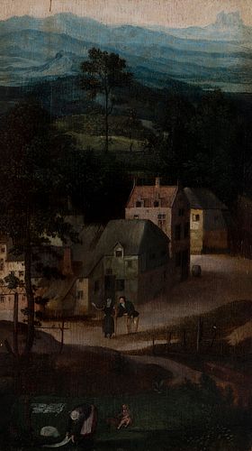 BRUEGHEL family; Second half of the sixteenth century. 
"Landscape." 
Oil on oak panel. Cradled
