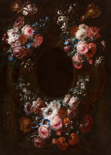 JEAN-BAPTISTE MOREL (Antwerp, 1662-1732); last third of the 17th century. 
Orla de flores" ("Flower border"). 
Oil on canvas, Re linen backed. 
Signed