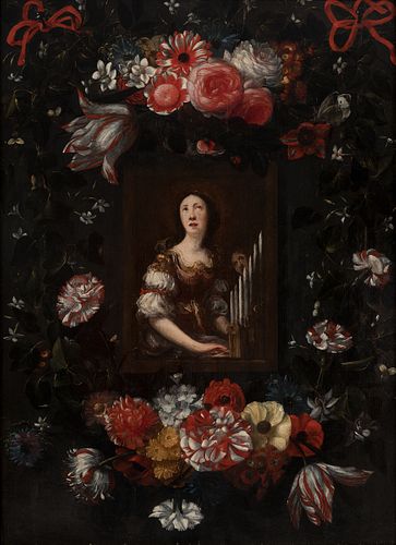 MICHEL DE BOUILLON (Belgium, act. 1638 - 1673). 
"Saint Cecilia in a border of flowers". 
Oil on oak panel. 
It has a frame following 17th century mod