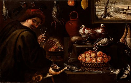 Attributed to FRANCISCO BARRERA (Madrid, 1595 - 1658). 
"Still life of kitchen with figure and animals". 
Oil on canvas. 
Measurements: 86,5 x 136 cm.