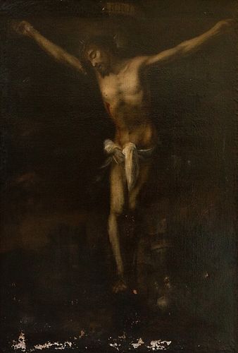 Andalusian school of the 18th century. 
"The Crucified Lord". 
Oil on canvas. 
Measurements: 154 x 105 cm; 166 x 117 cm (frame).