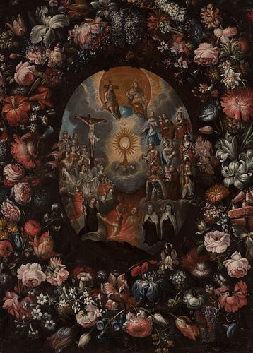 Attributed to ANDRÉS PÉREZ (Seville, 1660- 1727).
"Allegory of the Eucharist in a border of flowers".
Oil on canvas.
It has restorations and repaintin