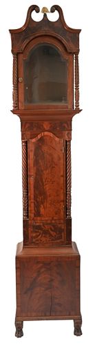 Federal Mahogany Tall Clock Caseonly having rope turned columns, banded inlay and paw feetheight 97 inches, depth 96 inches
