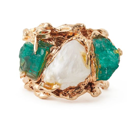 14K Gold Rough Pearl & Emerald Ring