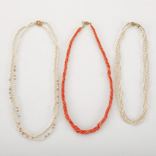 Grp: 3 Pearl and Coral Necklaces - 2 Gold Clasps