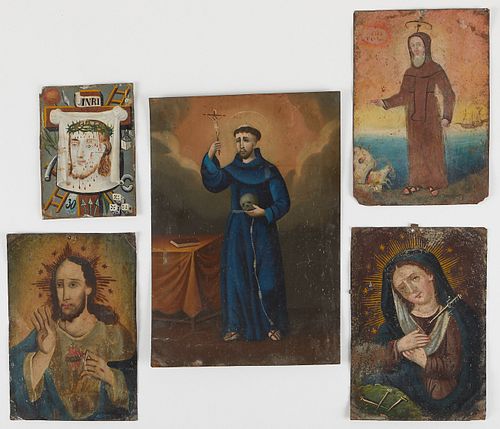 Grp: 5 Mexican Retablos of Mary Jesus Saints