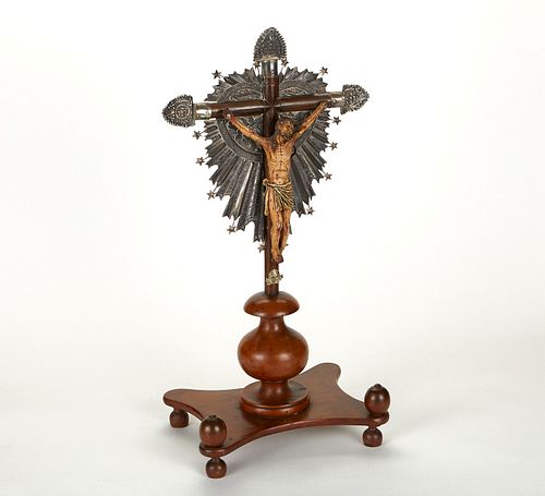 Spanish Colonial Polychrome Wood and Silver Crucifix