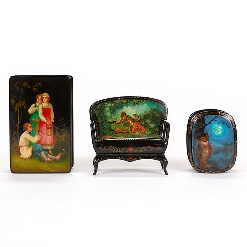 Russian Lacquer Boxes and Miniature Bench