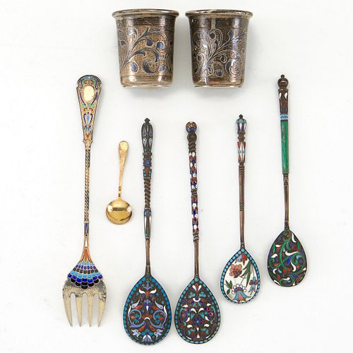 Grp: 9 Russian Enameled Silver Flatware and Cups