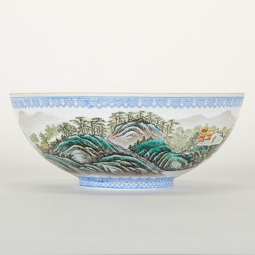 Chinese Eggshell Porcelain Bowl w/ Mountain Scene
