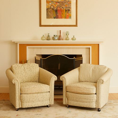 Pair of Upholstered Armchairs on Wheels