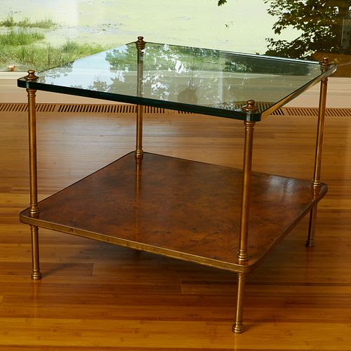 Two Tiered Glass Brass and Burl Wood Table