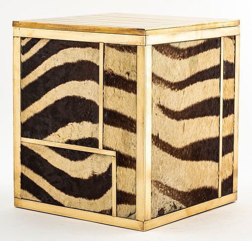 Modern Brass & Zebra Skin Pedestal Cube / Stool