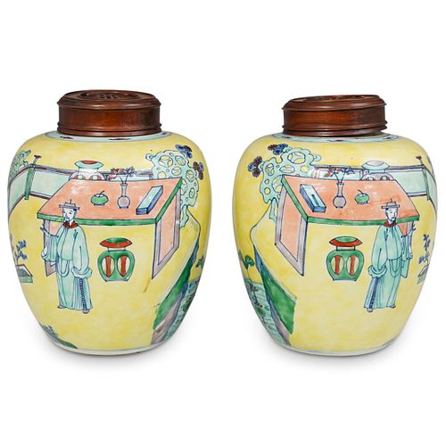 Pair of 18th Cent. Doucai Porcelain Jars with Wood Covers