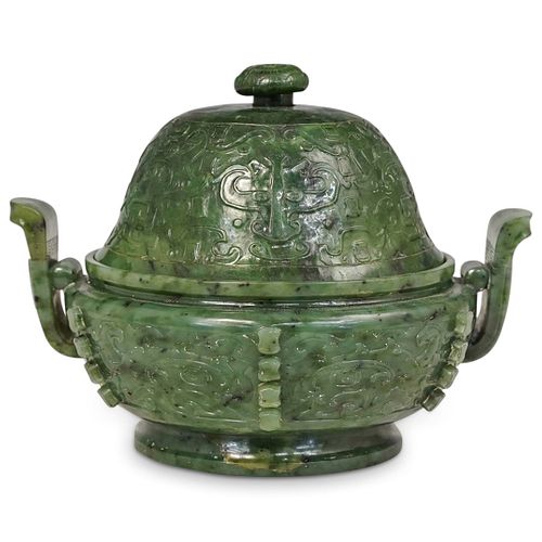 18th Cent. Archaic Spinach Jade Covered Censer