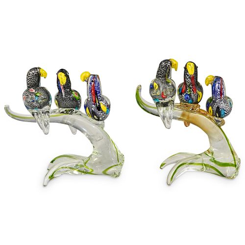 (2 Pc) Murano Art Glass Three Parrots Figurine