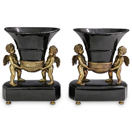 (2 Pc) Black Glazed Porcelain & Bronze Vases