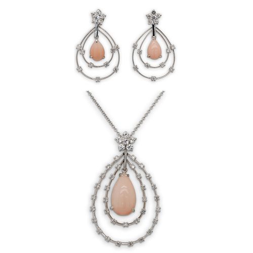 (3 pc) 18k Gold, Coral and Diamond Jewelry Suite
