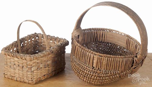 Two miniature woven baskets, ca. 1900, 3 1/4'' h. and 4 1/2'' h.