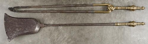 Federal brass and iron fire tongs and shovel, 19th c., 34'' l.