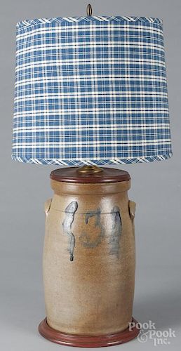 Stoneware churn, 19th c., with a cobalt 3, converted to a table lamp, stoneware only - 14'' h.