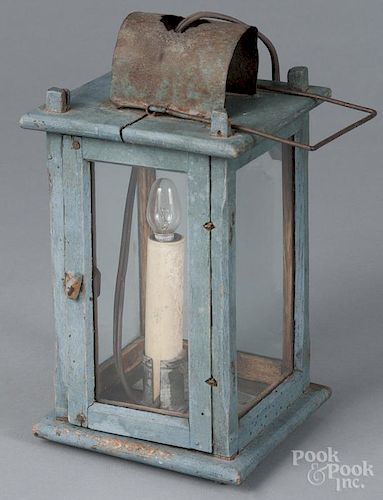 Blue painted wood carry lantern, 19th c., 10'' h. Provenance: The Estate of Mark and Joan Eaby