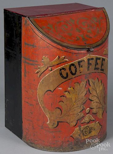 Painted tin coffee bin, 19th c., 16'' h., 11 1/4'' w. Provenance: The Estate of Mark and Joan Eaby