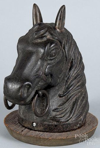 Cast iron horse head hitching post finial, late 19th c., 11'' h.