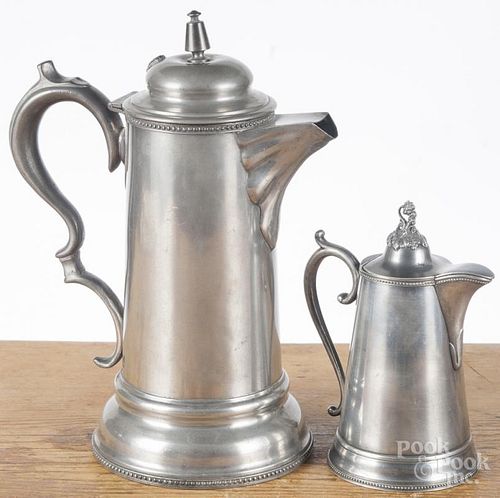 Meriden Brittania pewter syrup, 6 3/4'' h., together with a flagon, attributed to Meriden Brittania