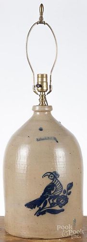 New York stoneware jug, 19th c., impressed Whites Utica, with cobalt bird decoration
