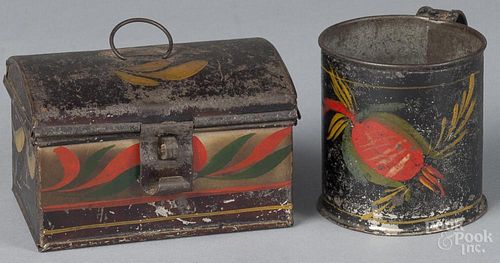 Toleware mug and small box, 19th c., 3'' h. and 2 3/4'' h., 4 1/4'' w.