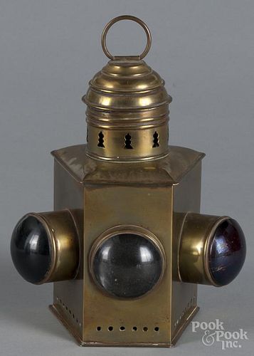 Brass lantern, 19th c., with three bull's-eye lenses, to include clear, red, and blue, 9'' h.