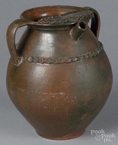 Large Continental redware harvest jug, 19th c., 12 3/4'' h.