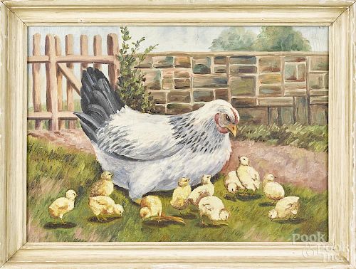 American oil on canvas of a hen and chicks, mid 20th c., 16'' x 22''.