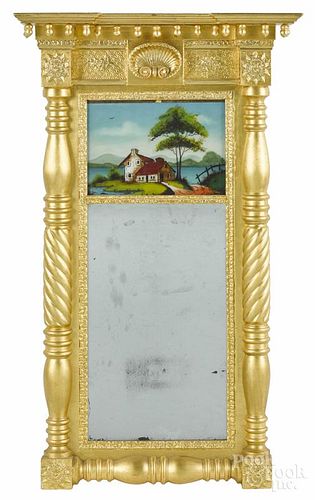 Federal giltwood mirror, ca. 1825, with eglomise panel, 43'' x 20 1/2''.