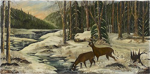 Oil on canvas winter landscape, 20th c., with deer, signed M. Hileman, 24'' x 48''.
