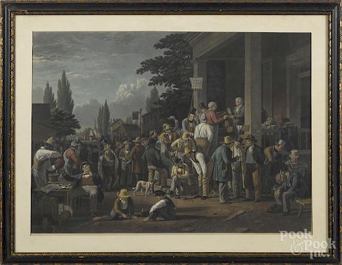 Color steel engraving, after George Caleb, Bingham, titled The County Election, pub. 1854, signed {John Sartain} lower right, 22'' x 30''.