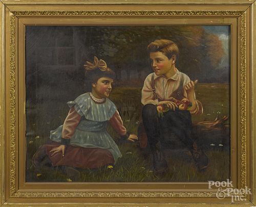 American oil on canvas, 19th c., of a girl and boy, 22'' x 28''.