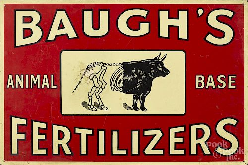 Painted sign for Baugh's Animal Base Fertilizers, 23 3/4'' x 35 3/4''.