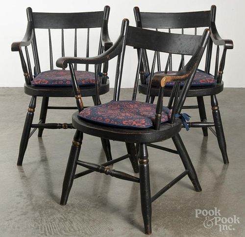 Set of six Pennsylvania painted lowback armchairs, 19th c., retaining old black surfaces.