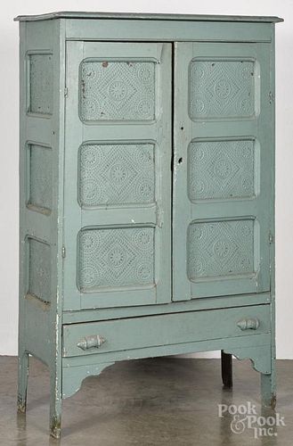 Painted pine pie safe, late 19th c., retaining a later teal surface, 60 1/2'' x 36''.