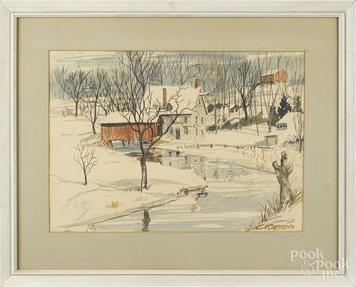 Charles X. Carlson (American 1902-1991), watercolor winter landscape, signed lower right, 16'' x 22''.