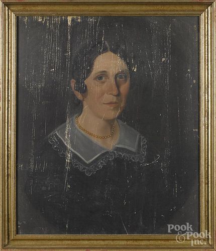 American oil on panel portrait of a woman, mid 19th c., 23'' x 19''.