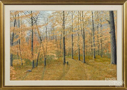 Donald Dodge Johnson (American 20th c.), oil on board, titled Alopocas Woods, signed lower right