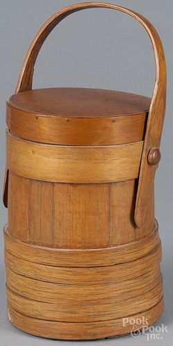 Bentwood firkin with a swing handle, 19th c., 8'' h., together with a later red painted firkin, 7'' h.