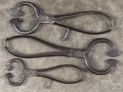 Three wrought iron sugar nippers, 19th c., largest - 9 1/2'' l.