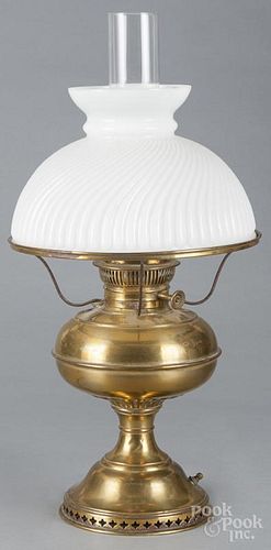 Bradley & Hubbard brass fluid lamp with a milk glass shade, 20 1/2'' h.