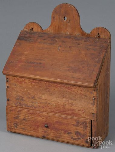 Pine hanging wall box, 19th c., with a scrubbed red surface, 17 1/4'' h., 13'' w.